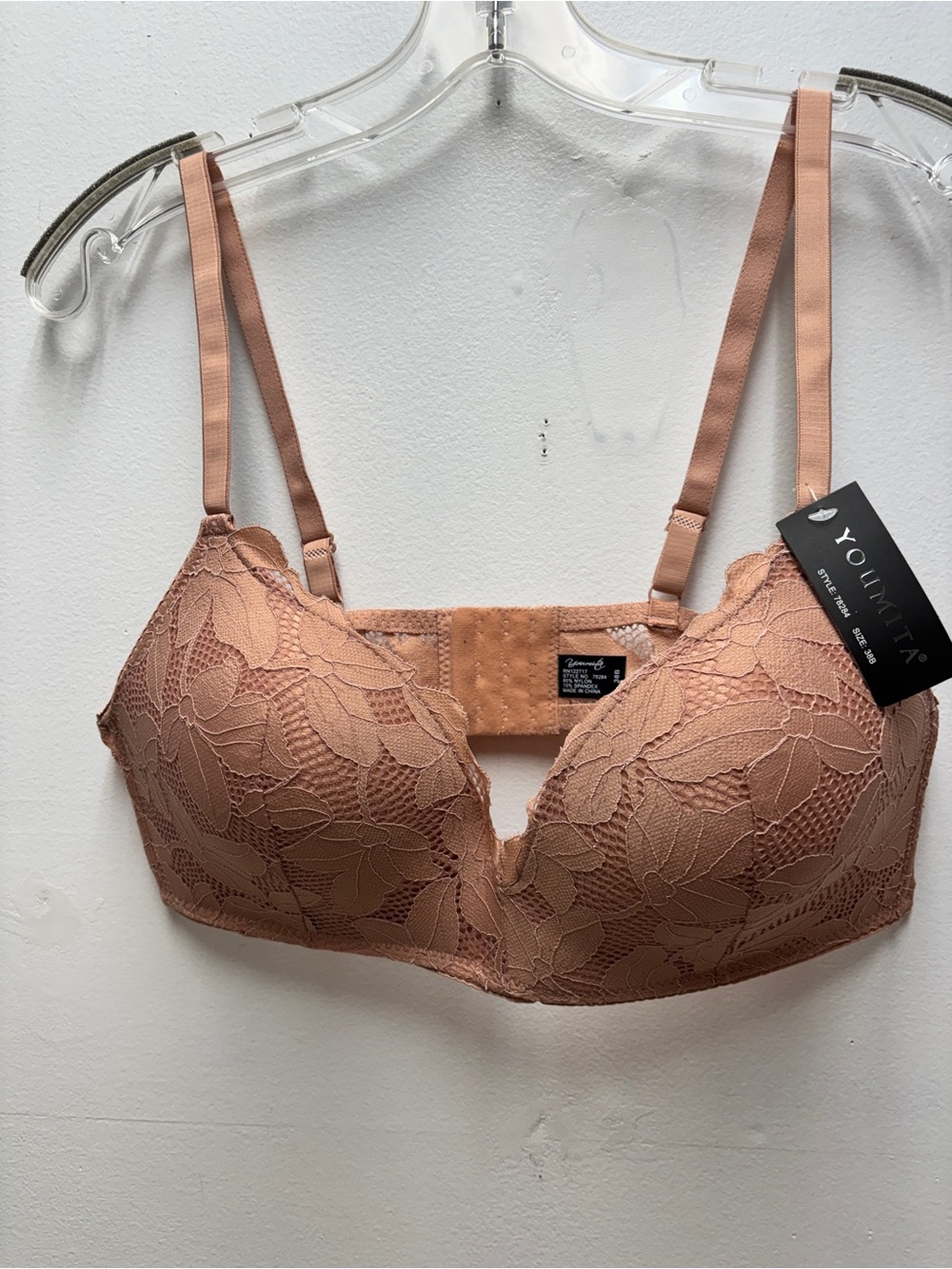 Youmita Lace Plunge Bra in Dusty Peach 38B